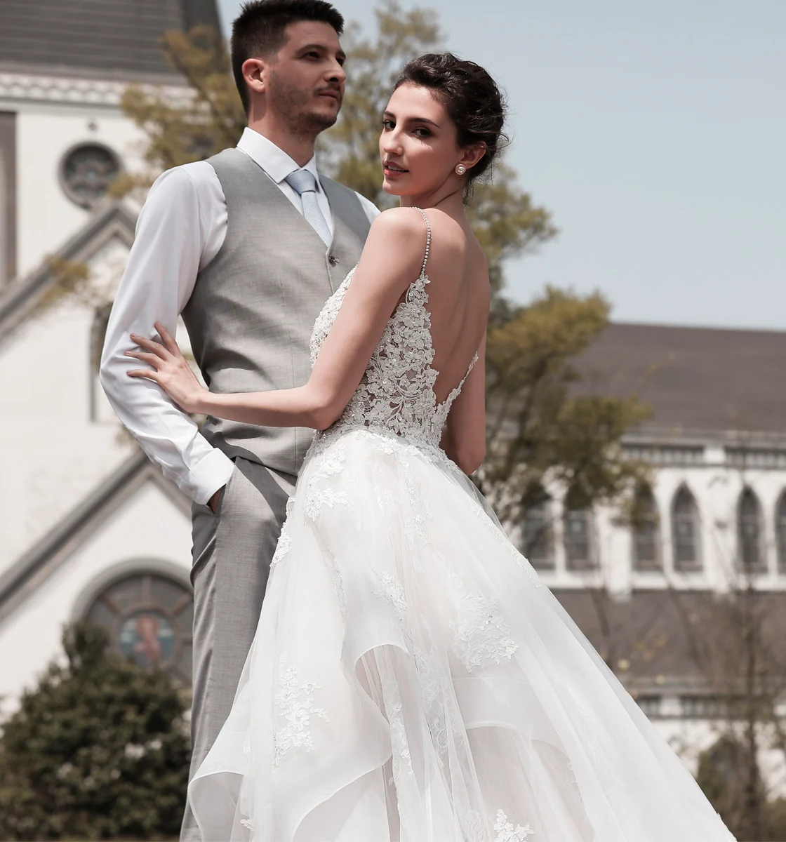 lace wedding dress, A-line bridal gown, low-back wedding dress, bridal collection, bride and groom, church wedding, Miracle Bridal Collection.